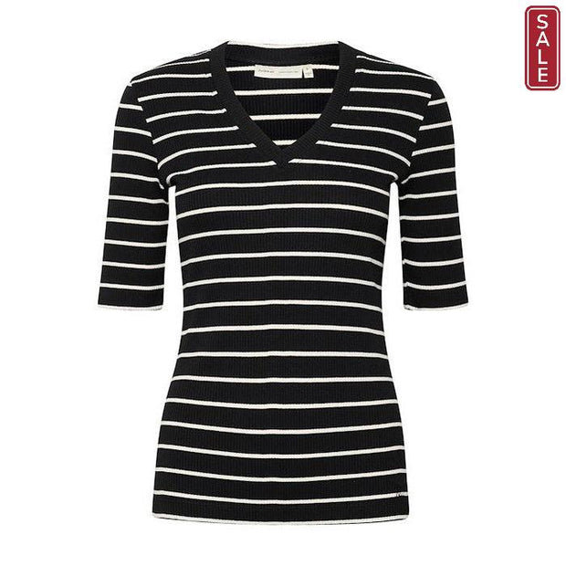 InWear - DagnaIW Black & Winter White V Neck Striped 1/2 Sleeve Tee Shirt
