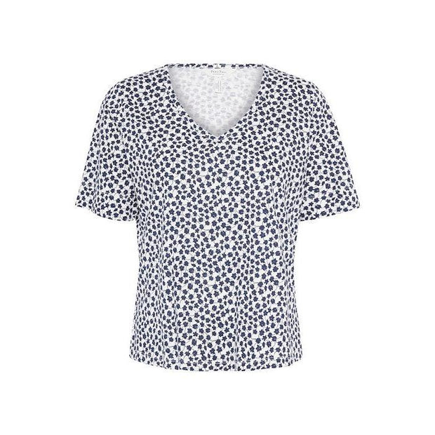 Part Two - CurliaPW Short Sleeve V Neck T Shirt in White with Navy Flowers