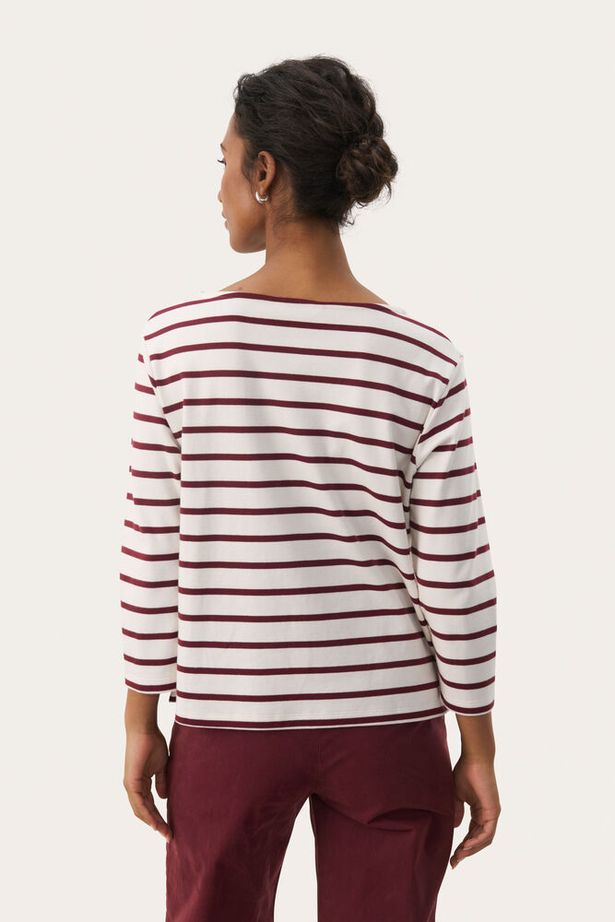 Part Two - NelaPW 3/4 Sleeve Round Neck Stripe Organic Cotton Top in Tawney Port