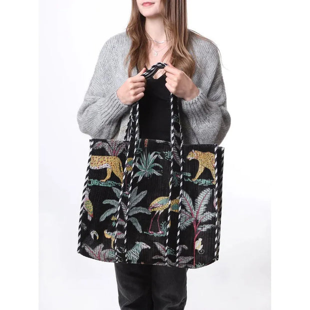 Kris Ana -  Large Forest Print Tote Bag in Black Velvet
