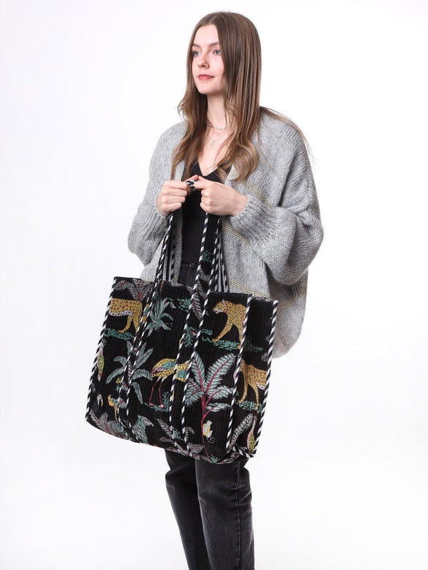 Kris Ana -  Large Forest Print Tote Bag in Black Velvet