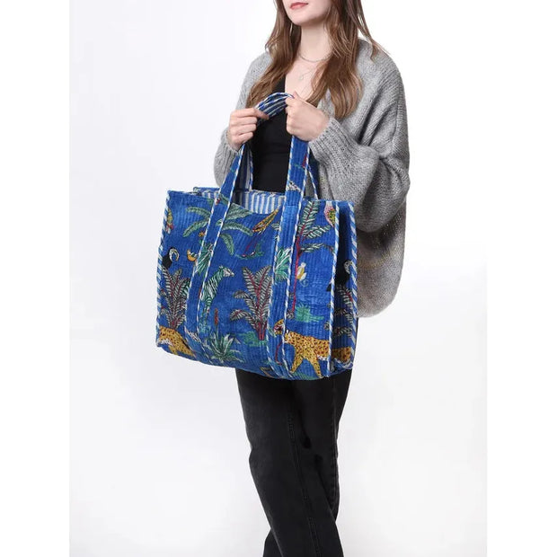 Kris Ana -  Large Forest Print Tote Bag in Dark Blue Velvet