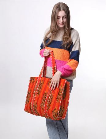 Kris Ana -  Large Tiger Print Tote Bag in Orange Velvet