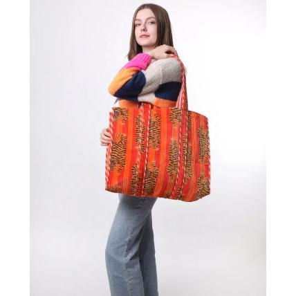 Kris Ana -  Large Tiger Print Tote Bag in Orange Velvet