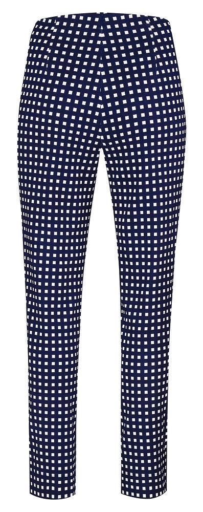 Robell – Marie - Straight Leg Full Length Navy Trousers with a White Square Design