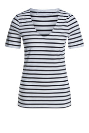 Oui -  Short Sleeve V Neck Striped Cotton Tee Shirt (2 Colours)