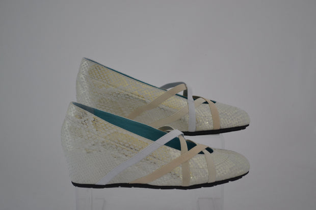 Thierry Rabotin - Rio - High Wedge Shoe in Off White & Silver Snake Effect Leather