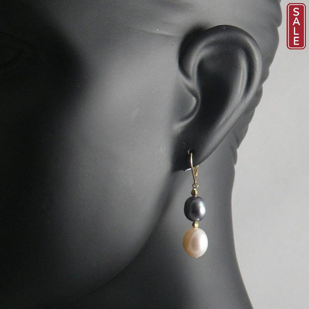 The Real Pearl Co. - Black & White Drop Pearl Earring On Gilt 2-Part Closers
