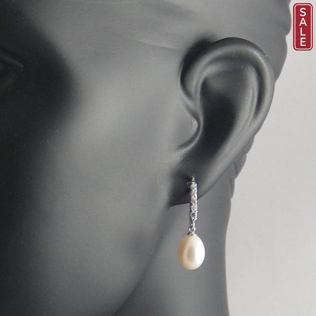 The Real Pearl Co. - Drop Hook Silver Earrings with White Drop Pearl below a Line of CZ
