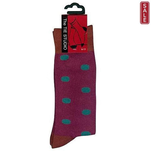 The Tie Studio - Men's Socks - Green Dots On Burgundy