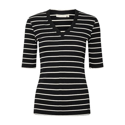 InWear - DagnaIW Black & Winter White V Neck Striped 1/2 Sleeve Tee Shirt