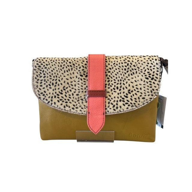 Soruka - Mustard and Animal Print Leather Shoulder/Crossbody Bag with Wrist Strap (047910P)