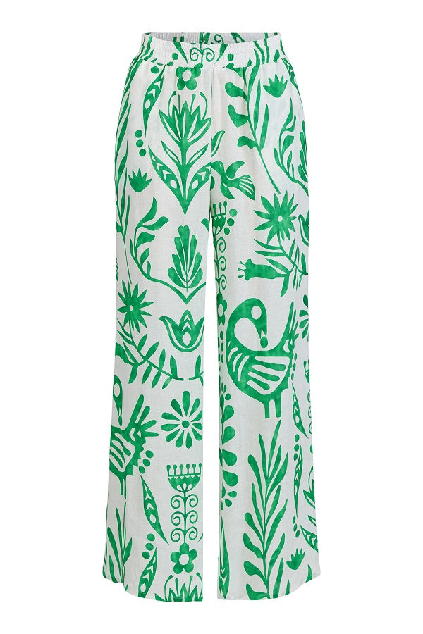GOMAYE - Short Sleeve Linen Blouse in bold Green Print