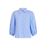 GOMAYE -  Blue & White Stripe 3/4 Sleeve Cotton Blouse