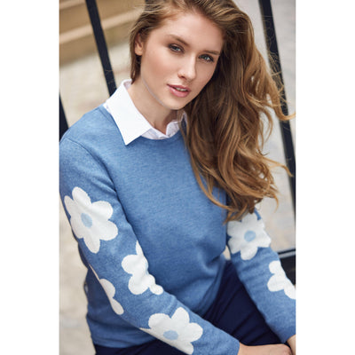 Sunday - Round Neck Long Sleeve Fine Knit Jumper with Daisy Design on Sleeves (6981-6487)
