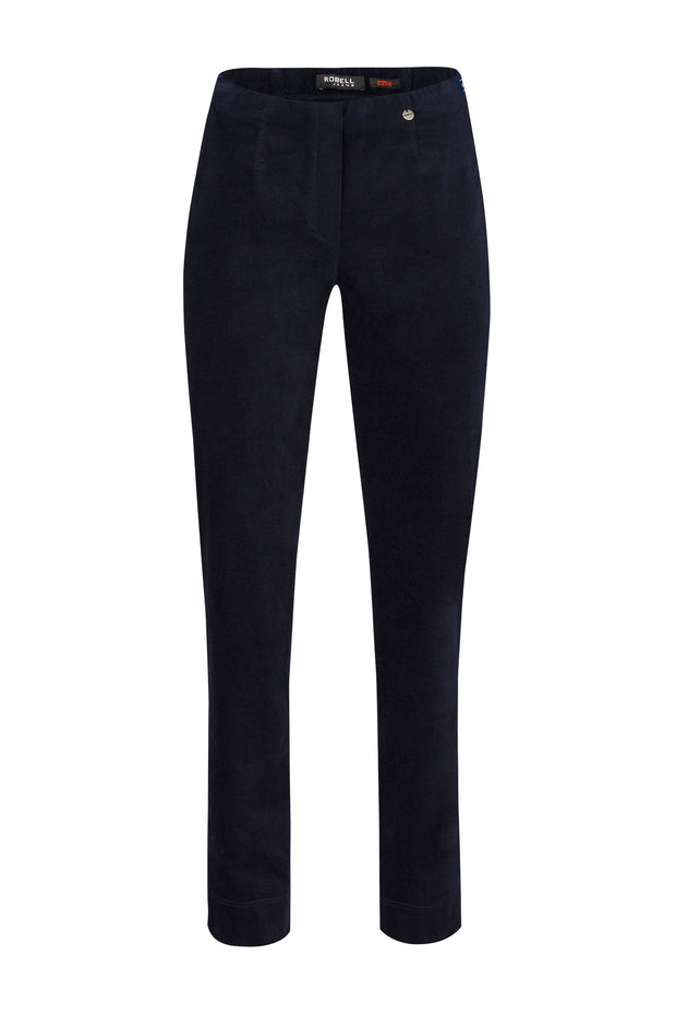 Robell – Marie - Straight Leg Full Length Cotton Velvet Trouser in Navy (51414-54362)