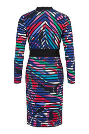 Tia - Long Sleeve V Neck Multi-Coloured Cocktail Dress