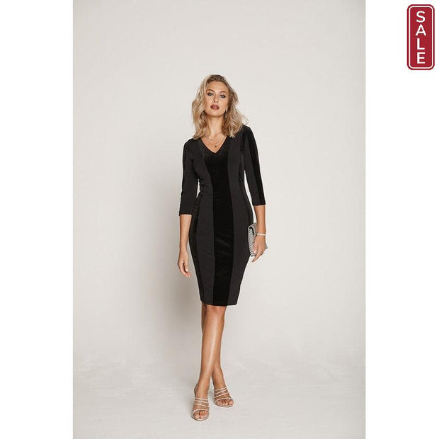 Tia -3/4 Sleeve V Neck Black Striped Cocktail Dress Gillie G's Tia -3/4 Sleeve V Neck Black Striped Cocktail Dress Gillie G's