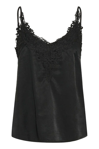 CREAM - Anna - Sleeveless V Neck Vest Top with Lace Detail in Black (10611224)