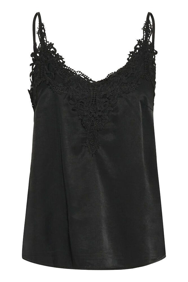CREAM - Anna - Sleeveless V Neck Vest Top with Lace Detail in Black (10611224)