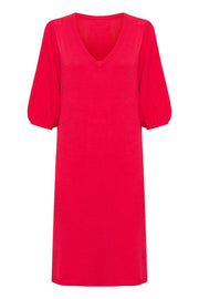 CREAM - CRVillea V Neck Knee Length Knitted Dress in Red