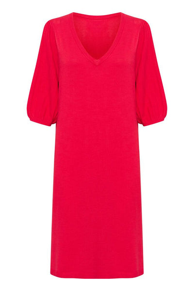CREAM - CRVillea V Neck Knee Length Knitted Dress in Red
