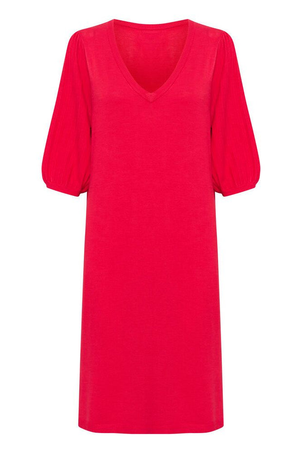 CREAM - CRVillea V Neck Knee Length Knitted Dress in Red