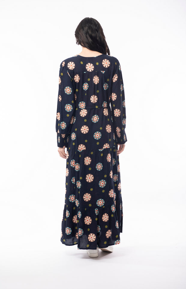 Orientique - Hera - Floaty Maxi Dress in Navy with bold print (7182)