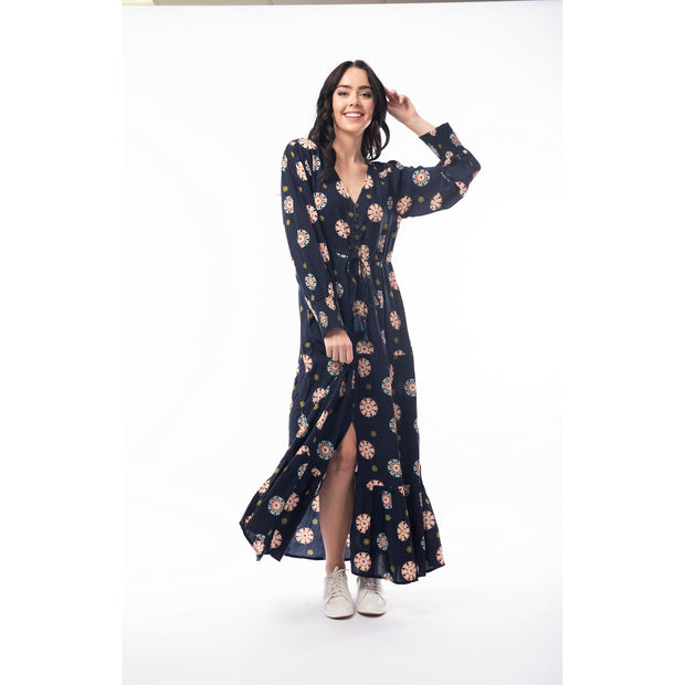 Orientique - Hera - Floaty Maxi Dress in Navy with bold print (7182)