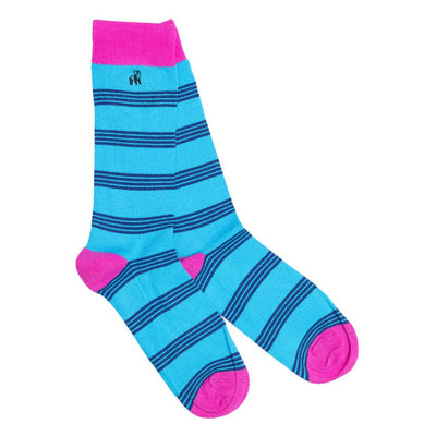 Swole Panda - Unisex Bamboo Socks - Aqua/Pink Stripe Design (SP450-L)
