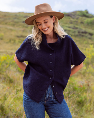 SEE SAW - Button Through Boiled Wool Gilet/Vest in Navy (SS153)