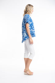 Orientique - Salamis - Short Sleeved Frilled Blouse in Bold Blue Print (62605)