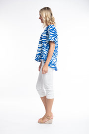 Orientique - Salamis - Short Sleeved Frilled Blouse in Bold Blue Print (62605)