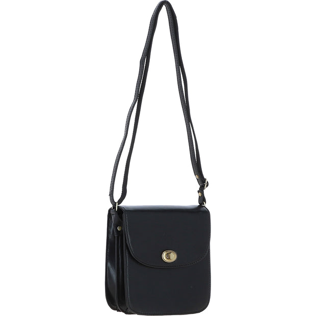Ashwood Leather - Black Leather Flap-Over Crossbody Bag with Twist Lock V-81