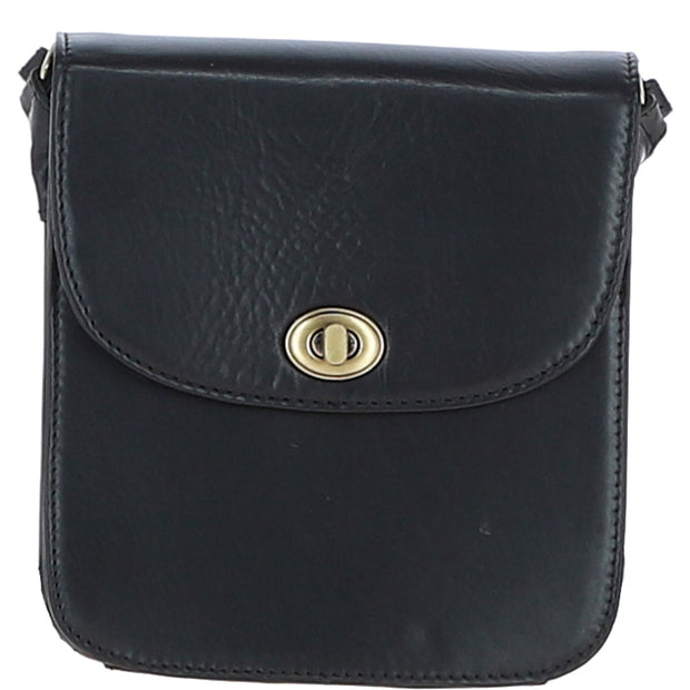 Ashwood Leather - Black Leather Flap-Over Crossbody Bag with Twist Lock V-81
