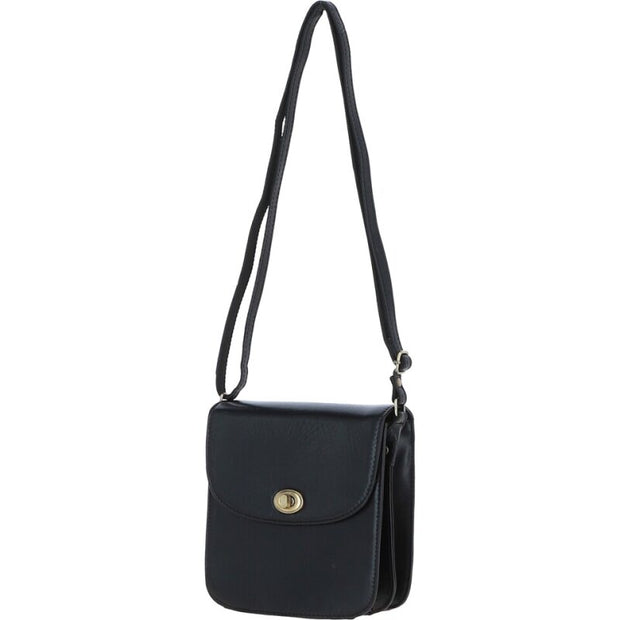 Ashwood Leather - Black Leather Flap-Over Crossbody Bag with Twist Lock V-81