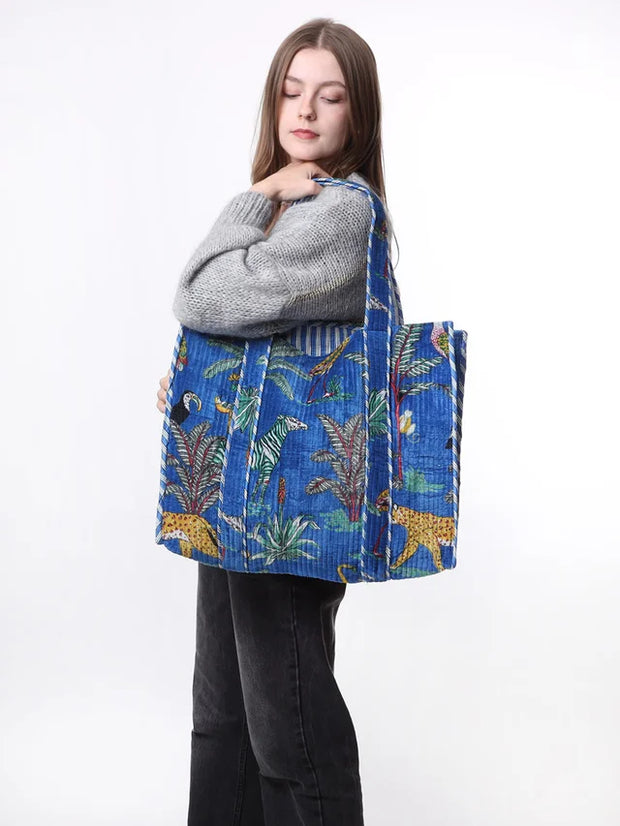 Kris Ana -  Large Forest Print Tote Bag in Dark Blue Velvet