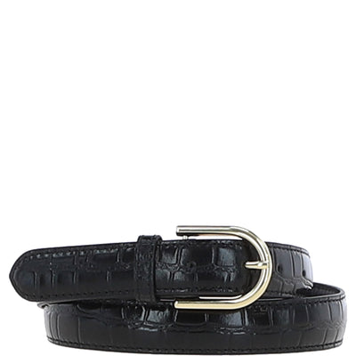 Ashwood Leather - Ladies Croc Leather Belt in Black With Gold Buckle C-99