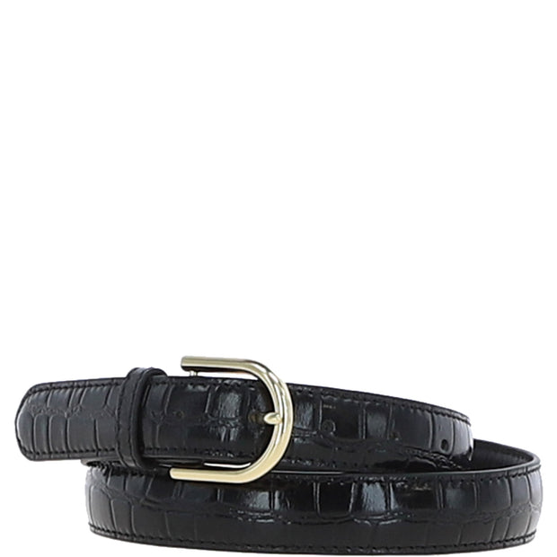 Ashwood Leather - Ladies Croc Leather Belt in Black With Gold Buckle C-99