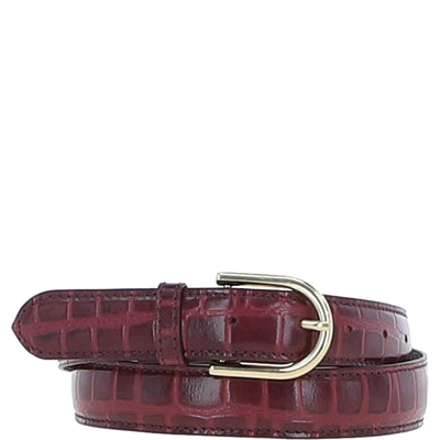 Ashwood Leather - Ladies Croc Leather Belt in Bordeaux With Gold Buckle C-99