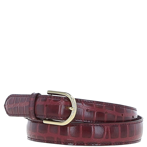 Ashwood Leather - Ladies Croc Leather Belt in Bordeaux With Gold Buckle C-99