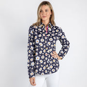 Claudio Lugli - Ladies Cotton Shirt - Daisy Flower on Navy Background (CLW2106)