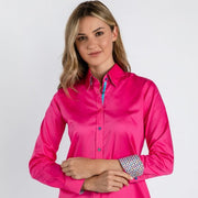 Claudio Lugli - Ladies Cotton Shirt - Plain Fuschia with Houndstooth Print Cuff (CLW2155)