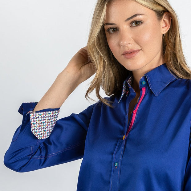 Claudio Lugli - Ladies Cotton Shirt - Plain Blue with Houndstooth Print Cuff (CLW2155)