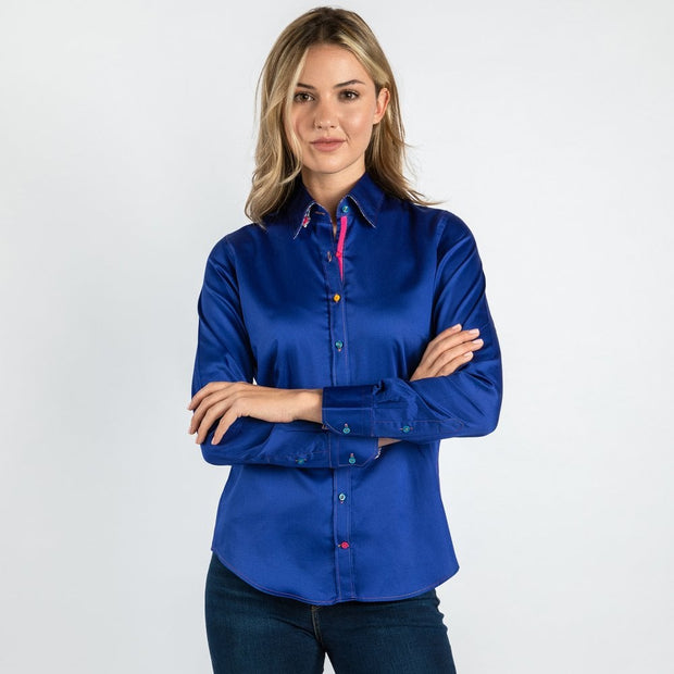 Claudio Lugli - Ladies Cotton Shirt - Plain Blue with Houndstooth Print Cuff (CLW2155)