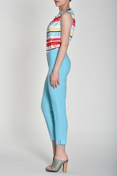 Robell – Bella 09 - Light Weight Cropped Trouser in Striped Seersucker Turquoise