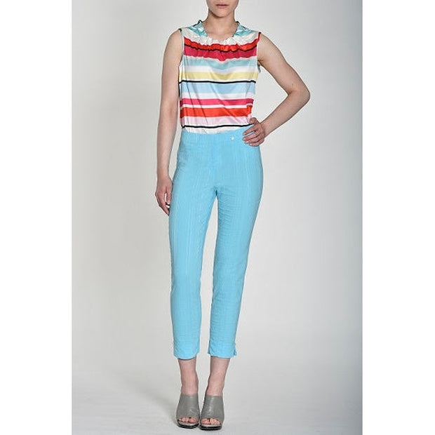 Robell – Bella 09 - Light Weight Cropped Trouser in Striped Seersucker Turquoise