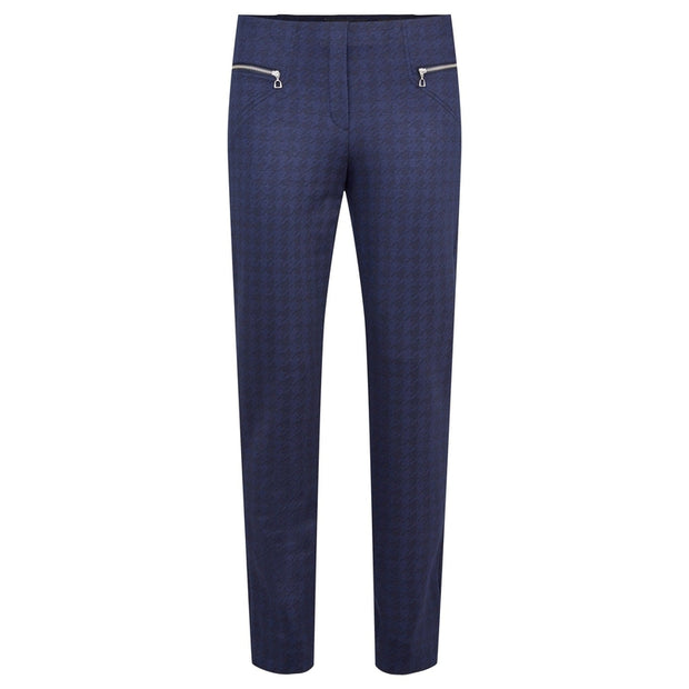 Robell – Mimi - Modern Slim Leg Ankle Length Trouser in Navy Dog Tooth Print