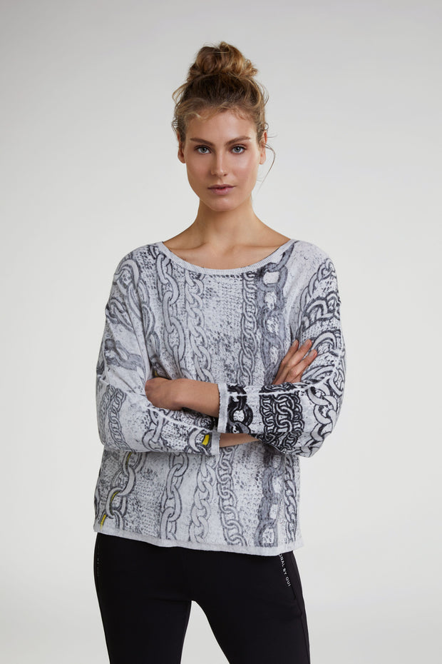 Oui - Fine Loose Knit Cotton 3/4 Sleeve Wide Round Neck Jumper