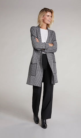 Oui -  Long Cotton Knit Cardigan in Black & White Dog-Tooth Print